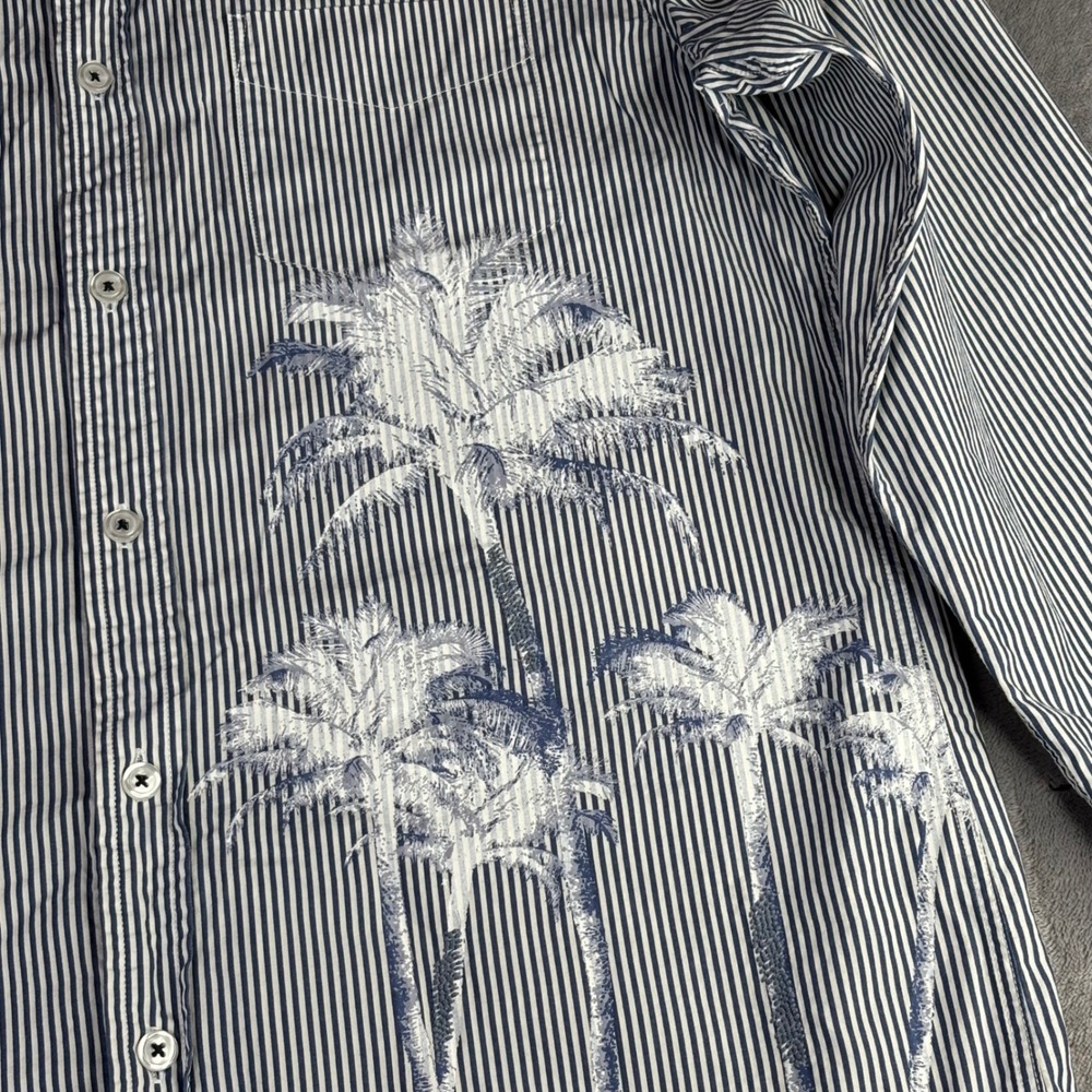 American Eagle Shirt Men Large Blue Striped Palm Tree Graphic Vintage Fit Cotton - Picture 9 of 11